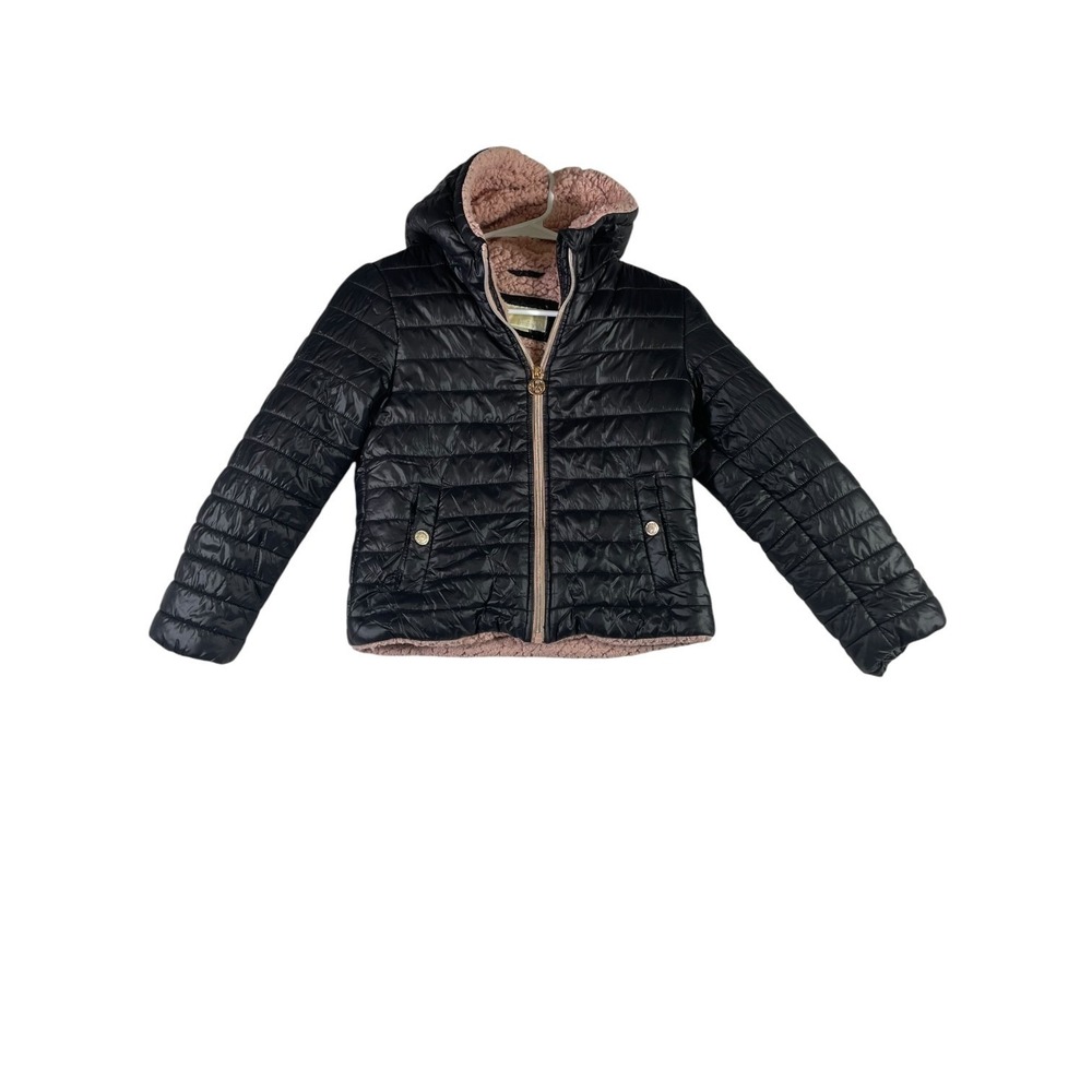 Michael Kors Puffer Jacket Girls 7/8 Black Sherpa Lined Hooded Full Zip Winter